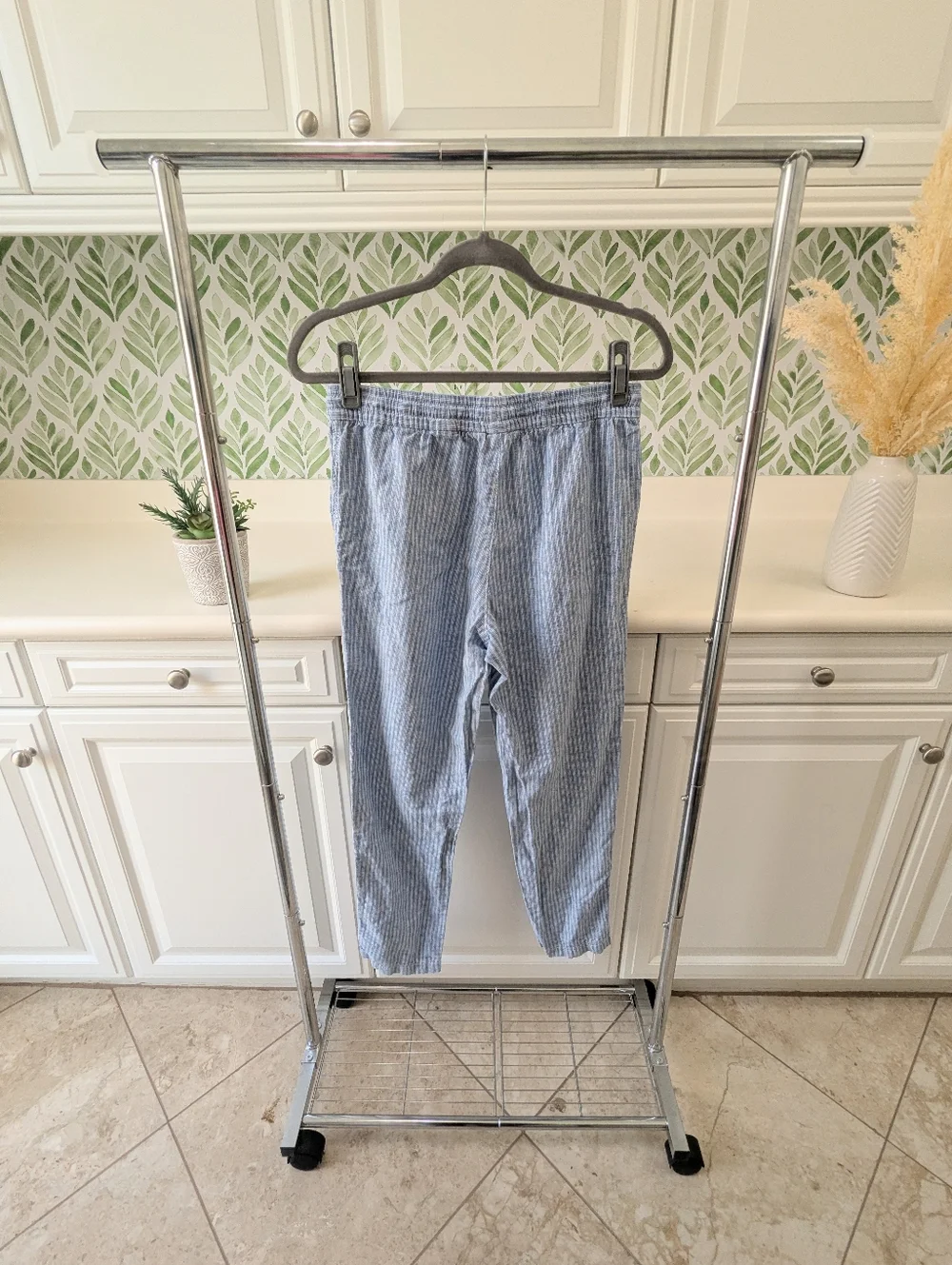 H&M Blue and White Striped Drawstring Linen Pants Small Women's Preppy Summer